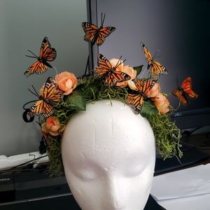 Headpiece "Spring" Moss Floral Monarch Butterflies Headdress Headband